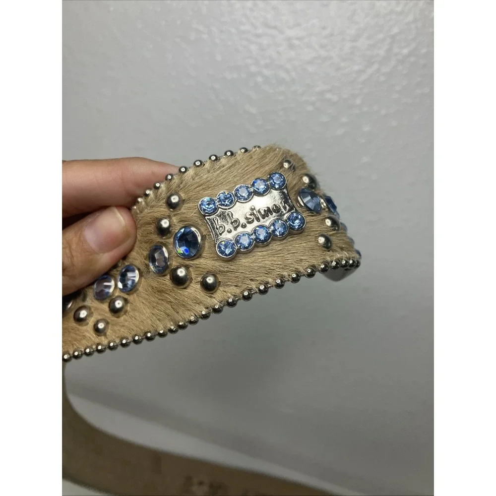 Y2K BB Simon Blue & Beige Cow Hair Size S Womens Western Studded Rhinestone